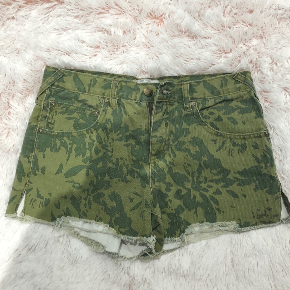FREE PEOPLE Green Floral Camo Jean Cutoff Shorts